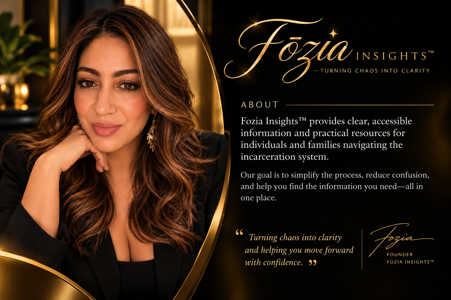 Fozia Insights founder portrait with brand introduction and founder signature